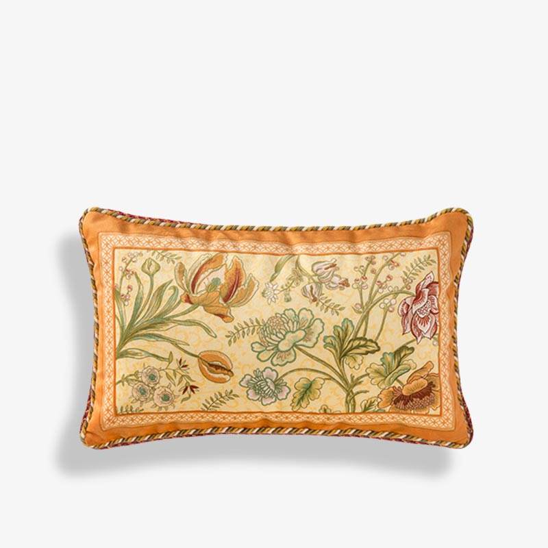 Chinoiserie Orange Spring Floral Bird Pattern Short Plush Lumbar Pillow - SinoCultural -- WP032A01 - 