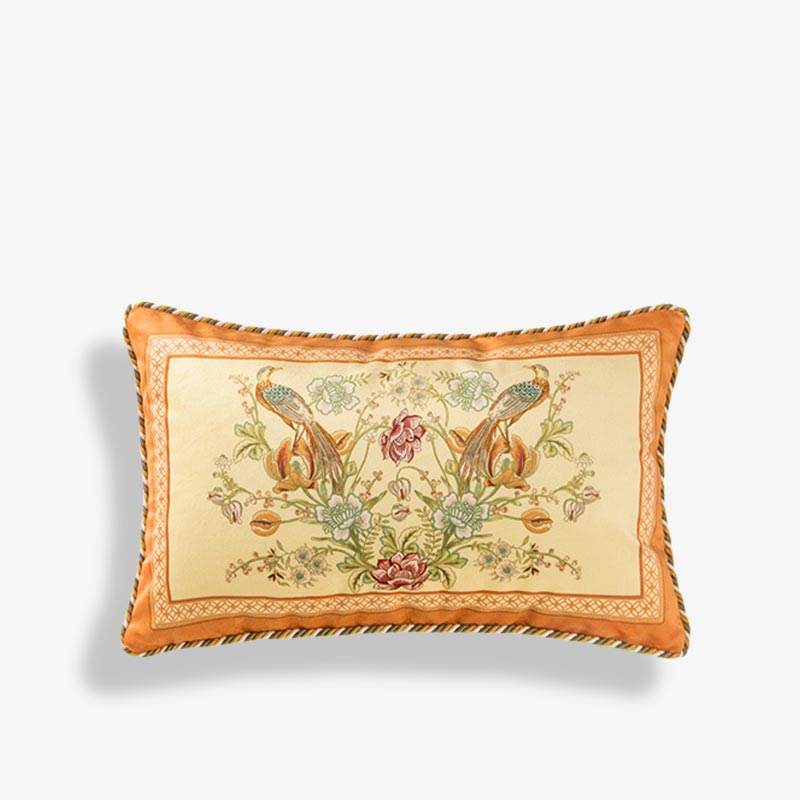 Chinoiserie Orange Spring Floral Bird Pattern Short Plush Lumbar Pillow - SinoCultural -- WP032A01 - 