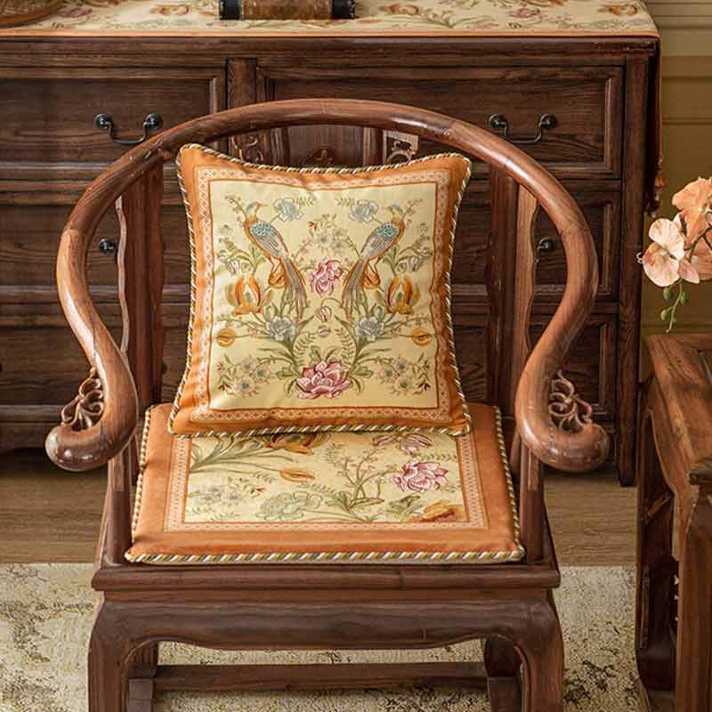 Chinoiserie Orange Spring Floral Bird Pattern Short Plush Chair Cushion - SinoCultural -- SC032A38 - 