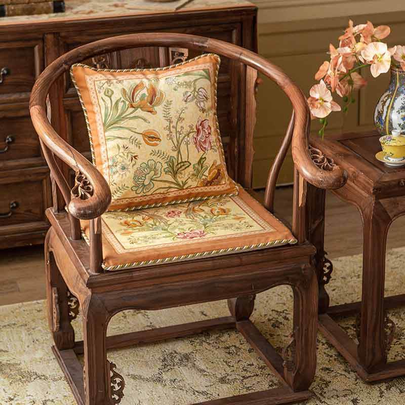Chinoiserie Orange Spring Floral Bird Pattern Short Plush Chair Cushion - SinoCultural -- SC032A38 - 