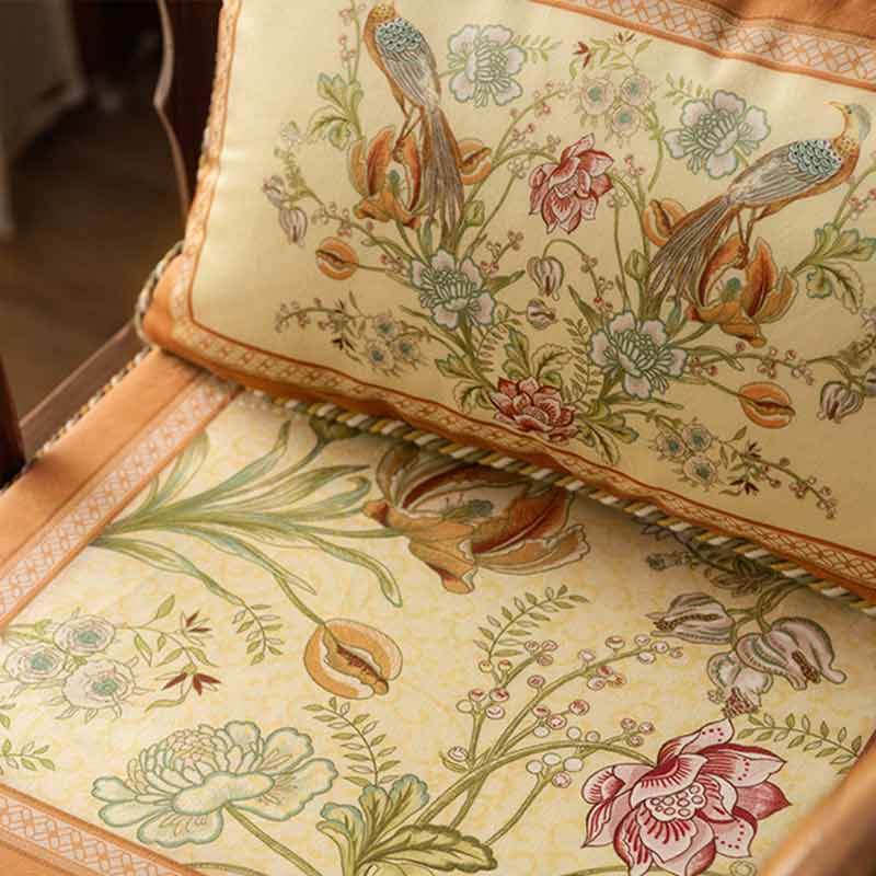 Chinoiserie Orange Spring Floral Bird Pattern Short Plush Chair Cushion - SinoCultural -- SC032A38 - 