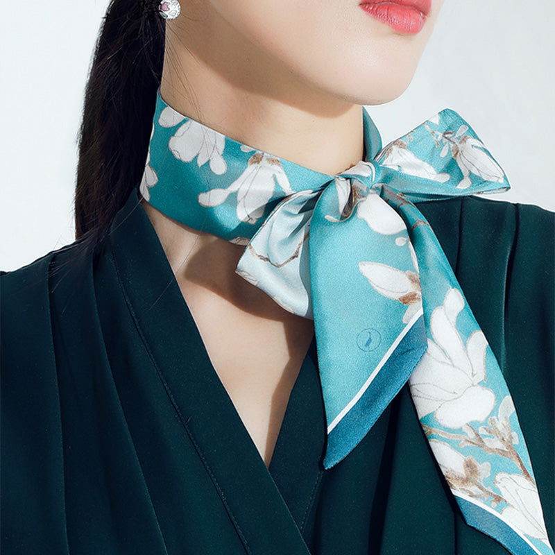Mulberry Silk 16 Momme White Magnolia Silk Narrow Scarf 120x5cm - SinoCultural