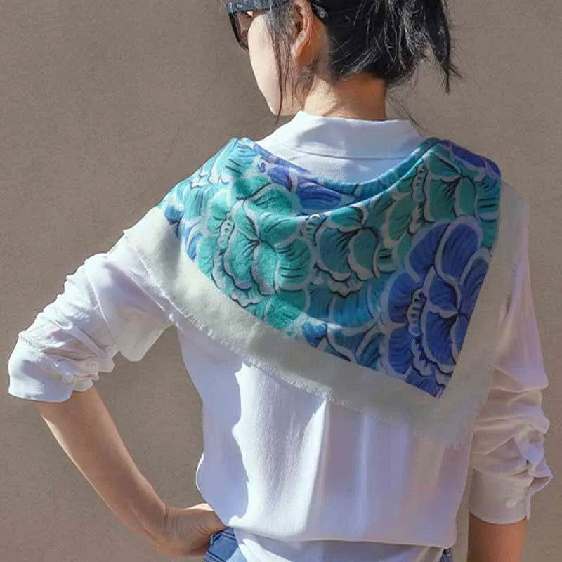 100% Wool Winter Square Scarf Elegant Peony 100x100cm - SinoCultural