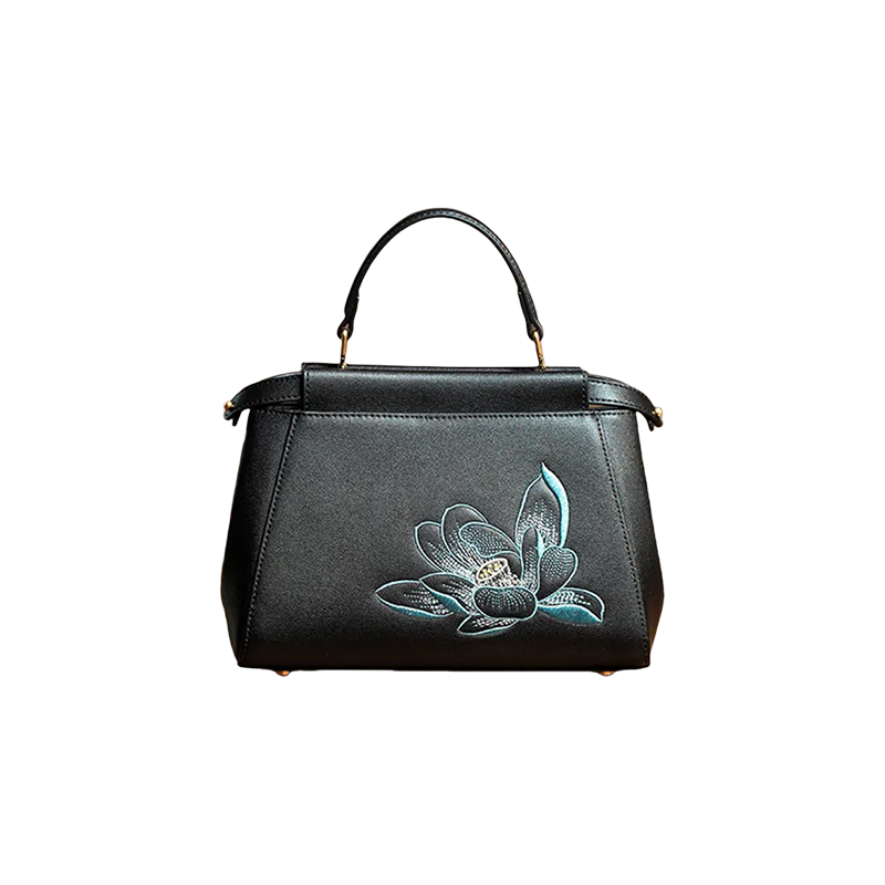 Embroidery Leather Mini Bag Black Lotus Handbag - SinoCultural