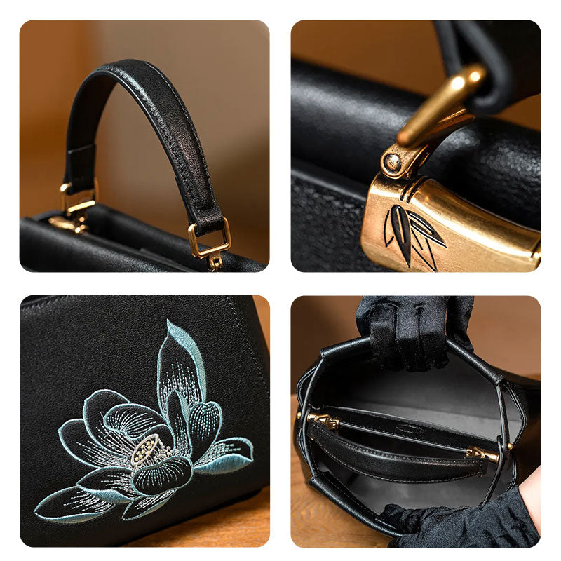 Embroidery Leather Black Lotus Handbag-Tote Bag-SinoCultural-SinoCultural
