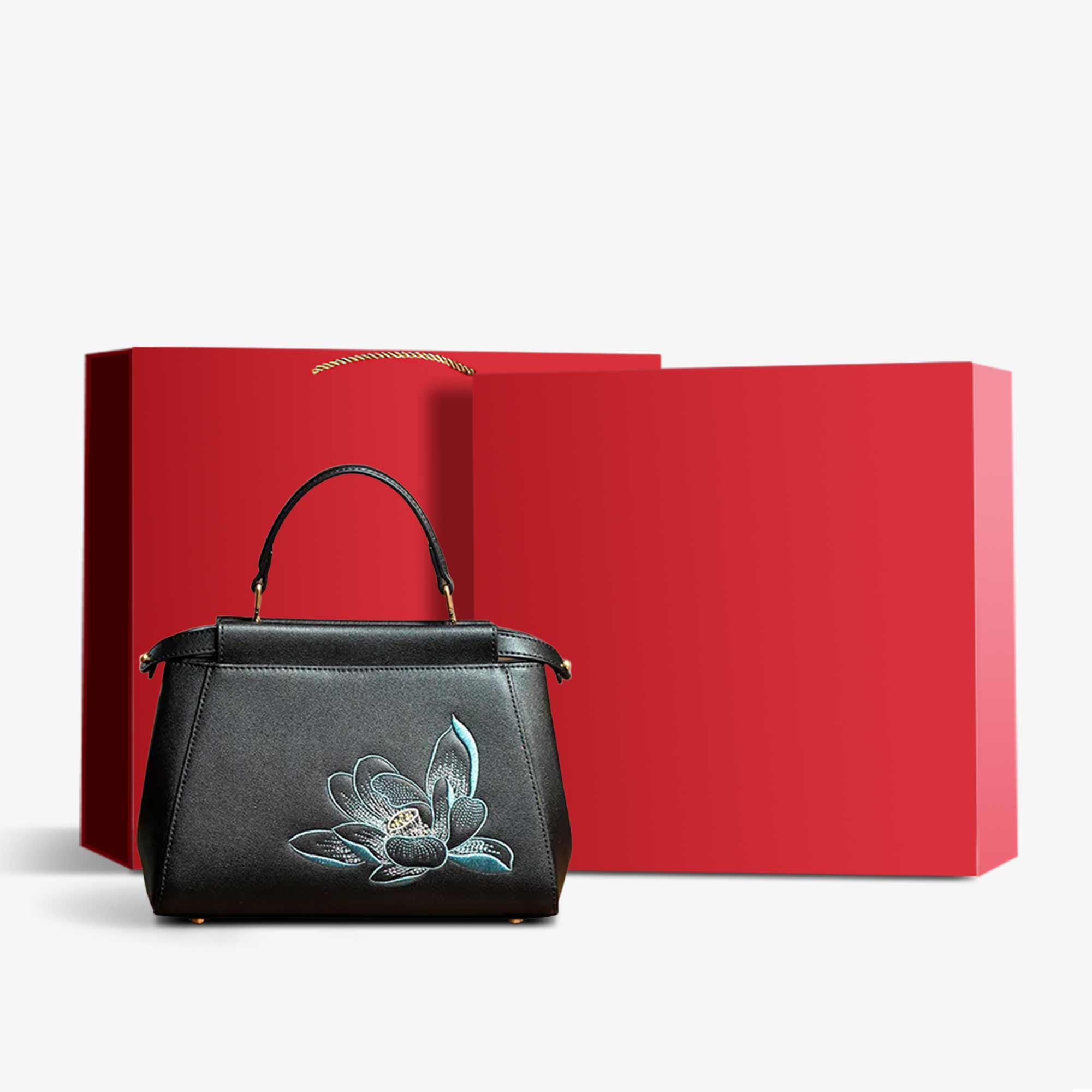 Embroidery Leather Black Lotus Handbag-Tote Bag-SinoCultural-Black-Bag with Gift Box-XH-0076-M2-g-SinoCultural