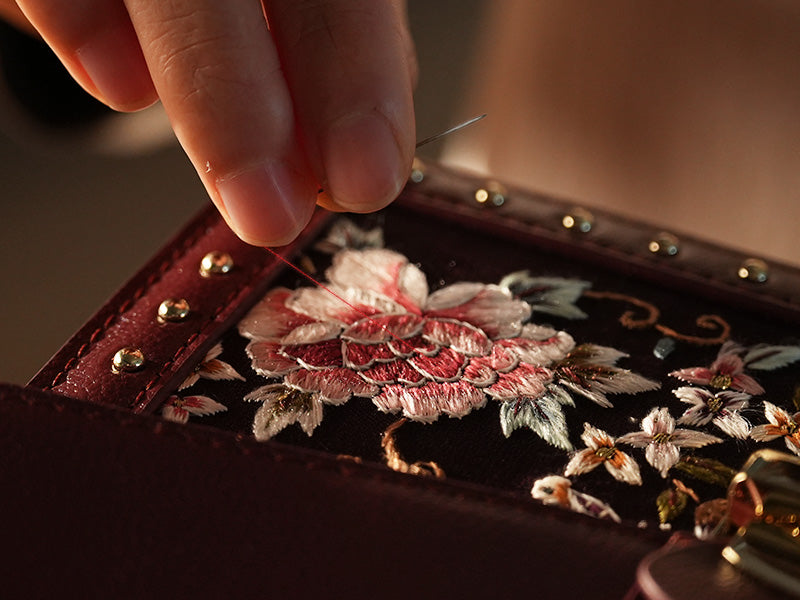 Handcrafted Embroidered Leather Handbag Red Peony-Shoulder Bag-SinoCultural-SinoCultural