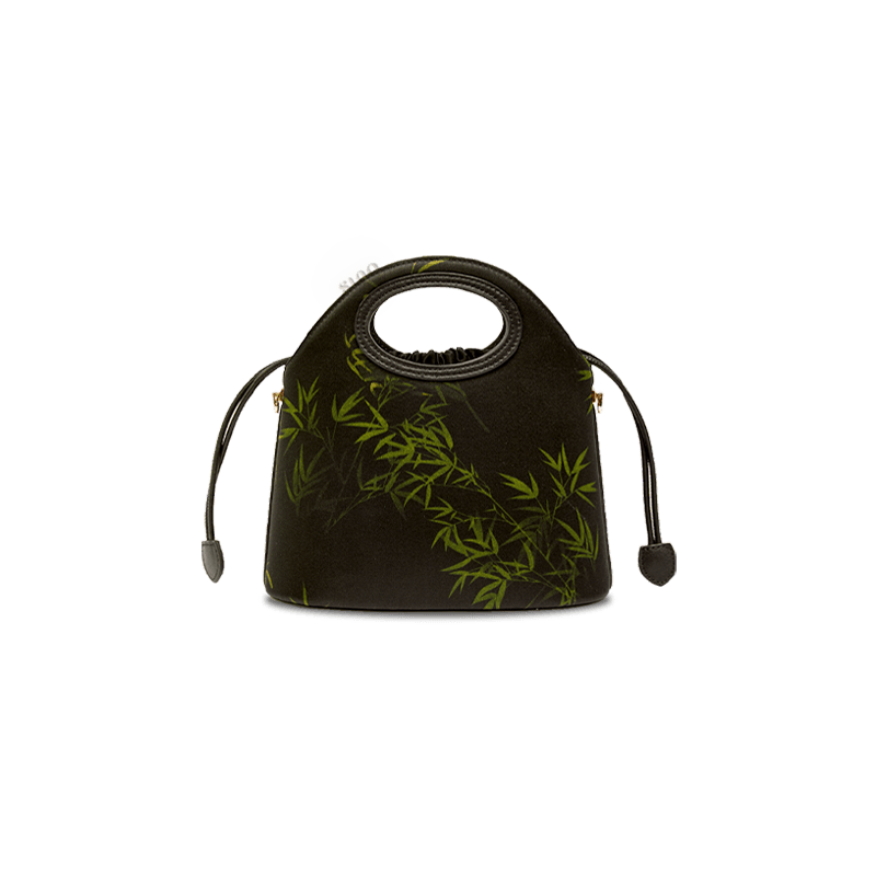 Xiangyunsha Silk Bamboo Black Drawstring Bucket Bag - SinoCultural -- YS120670-1 - 