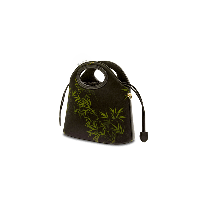 Xiangyunsha Silk Bamboo Black Drawstring Bucket Bag - SinoCultural -- YS120670-1 - 