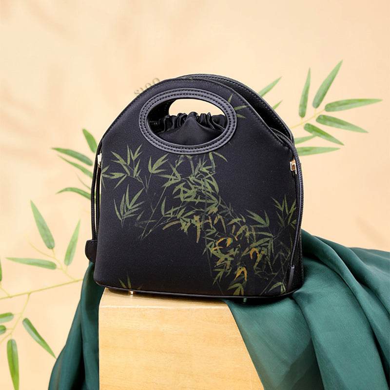 Xiangyunsha Silk Bamboo Black Drawstring Bucket Bag - SinoCultural -- YS120670-1 - 