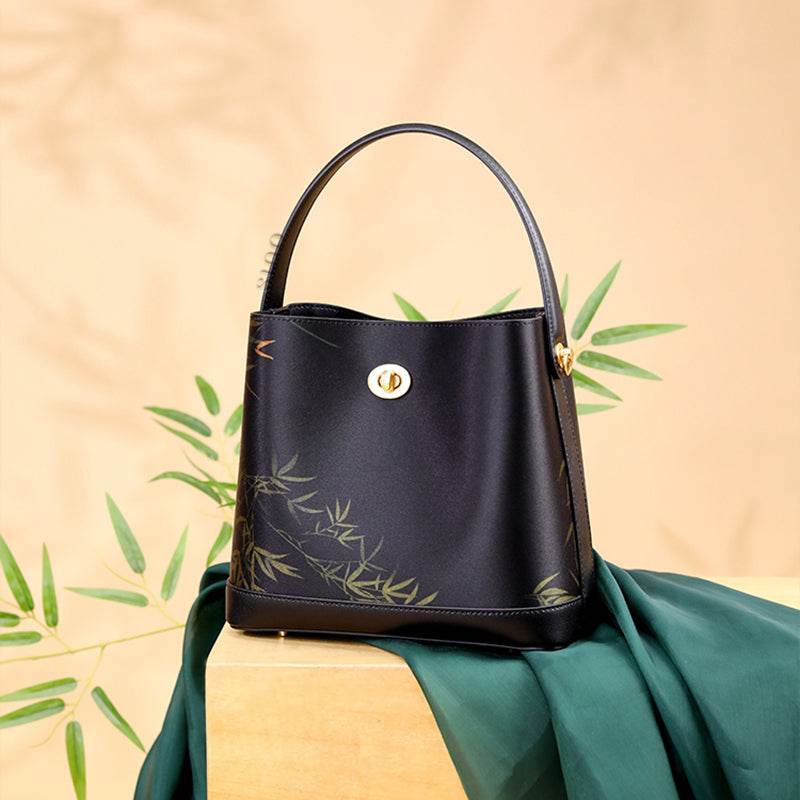 Xiangyunsha Silk Bamboo Print Crossbody Bucket Bag - SinoCultural -- YS120757 - 