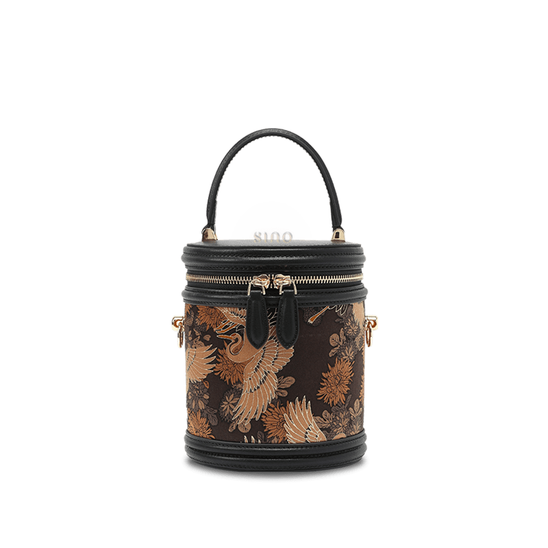 Xiangyunsha Silk Vintage Crane Print Bucket Bag - SinoCultural -- P12065103 - 