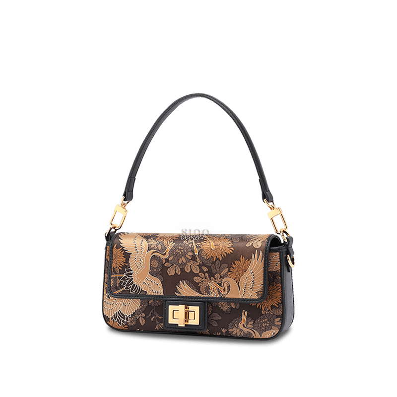 Xiangyunsha Silk Vintage Crane Print Shoulder Bag - SinoCultural -- YS120648 - 