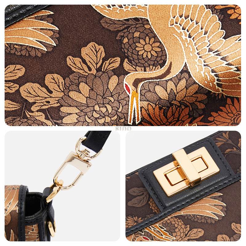 Xiangyunsha Silk Vintage Crane Print Shoulder Bag - SinoCultural -- YS120648 - 