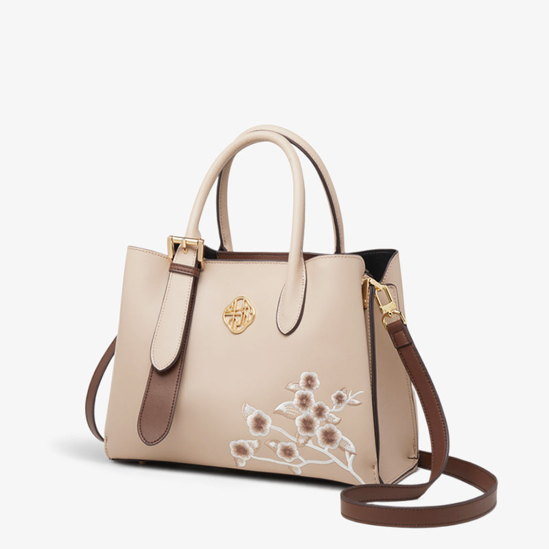 Embroidery Leather Plum Blossom Commuter Tote Bag-Tote Bag-SinoCultural-Apricot-Single Bag-YC375-SinoCultural
