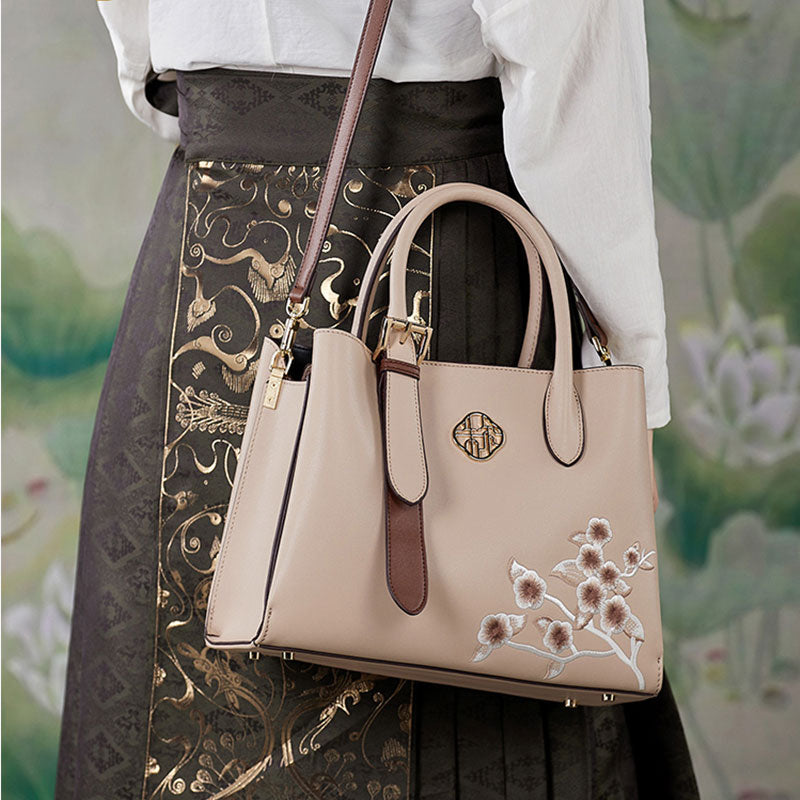 Embroidery Leather Plum Blossom Commuter Tote Bag-Tote Bag-SinoCultural-SinoCultural