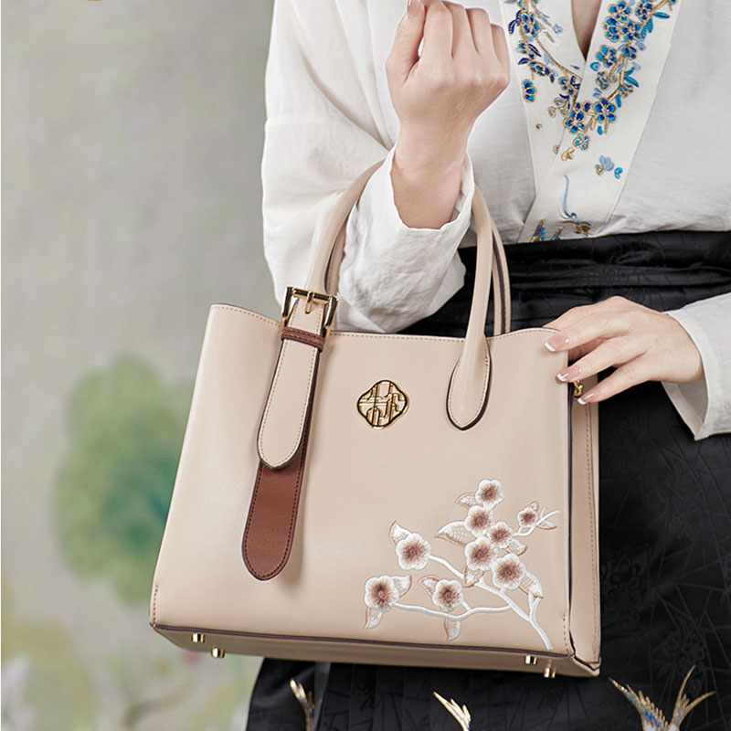 Embroidery Leather Plum Blossom Commuter Tote Bag-Tote Bag-SinoCultural-SinoCultural