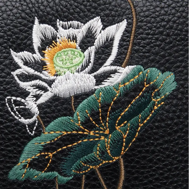 Embroidery Leather Black Lotus Shoulder Bag-Shoulder Bag-SinoCultural-SinoCultural