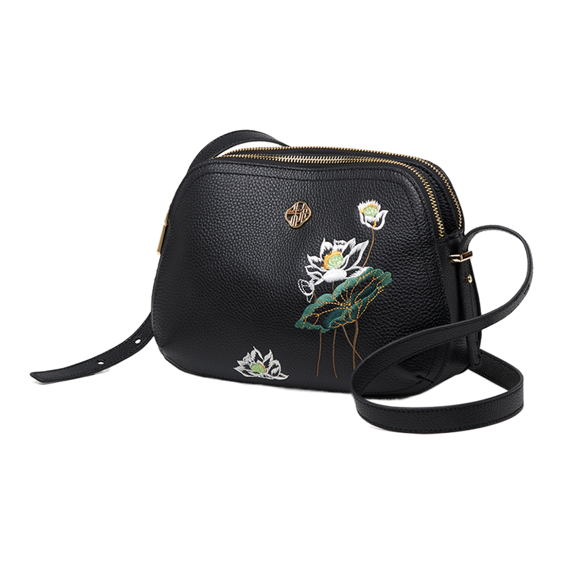 Embroidery Leather Shoulder Bag Black Lotus Handbag - SinoCultural