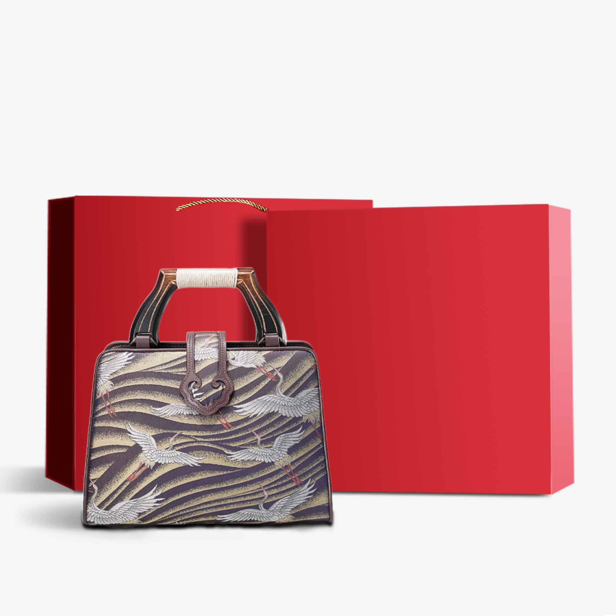 Song Brocade Leather Red-crowned Crane Handbag