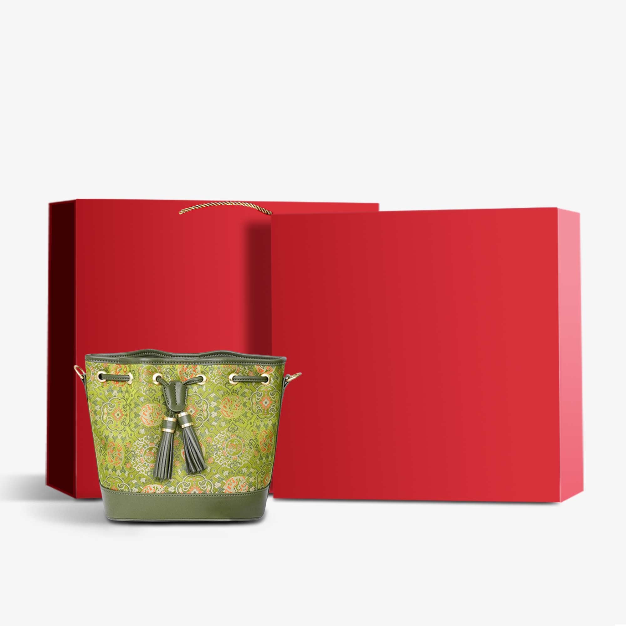 Song Brocade Mulberry Silk Green Bucket Bag-Bucket Bag-SinoCultural-Green-Bag with Gift Box-YJXB016-g-SinoCultural