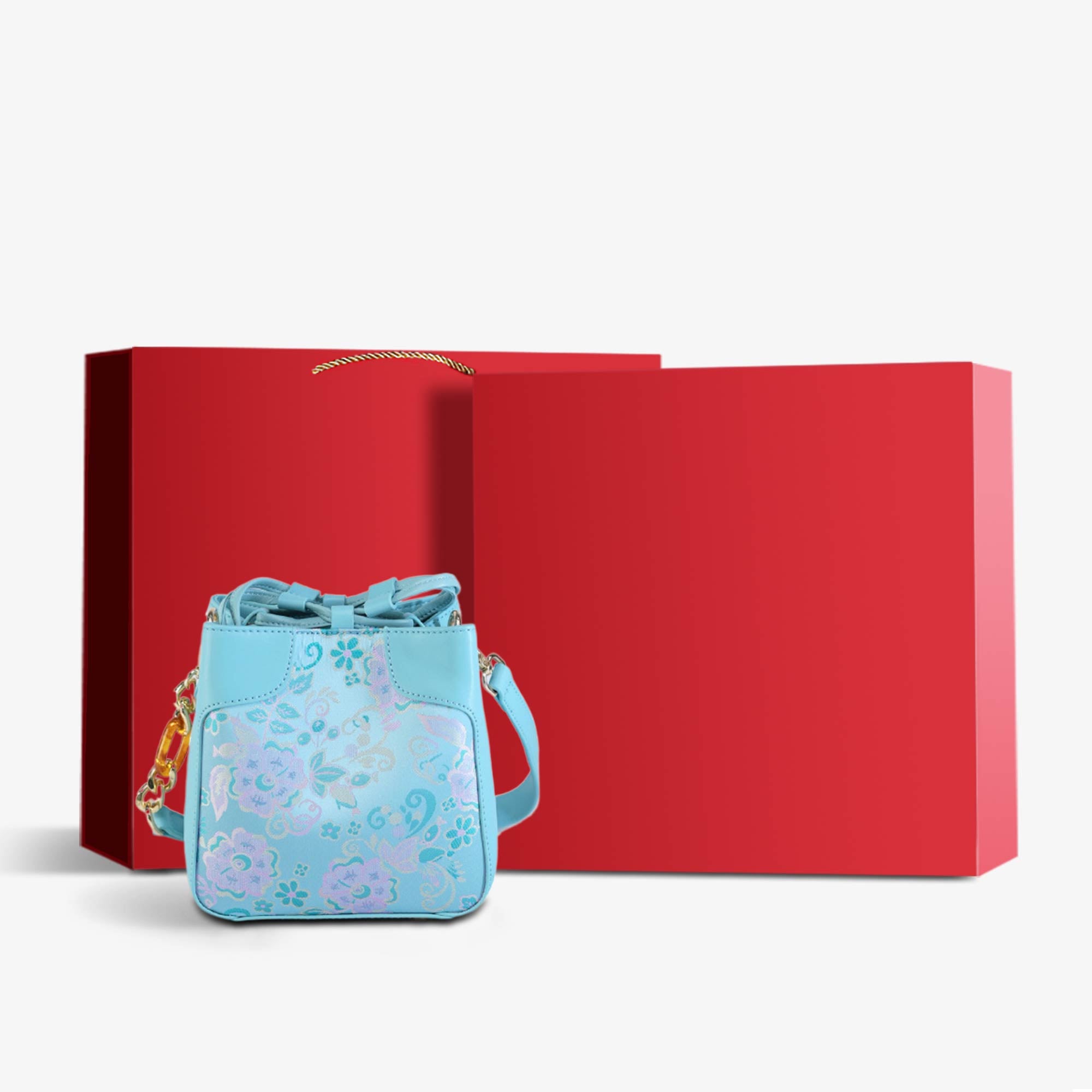 Song Brocade Mulberry Silk Peony Bucket Bag-Bucket Bag-SinoCultural-Blue-Bag with Gift Box-YJXB025-g-SinoCultural