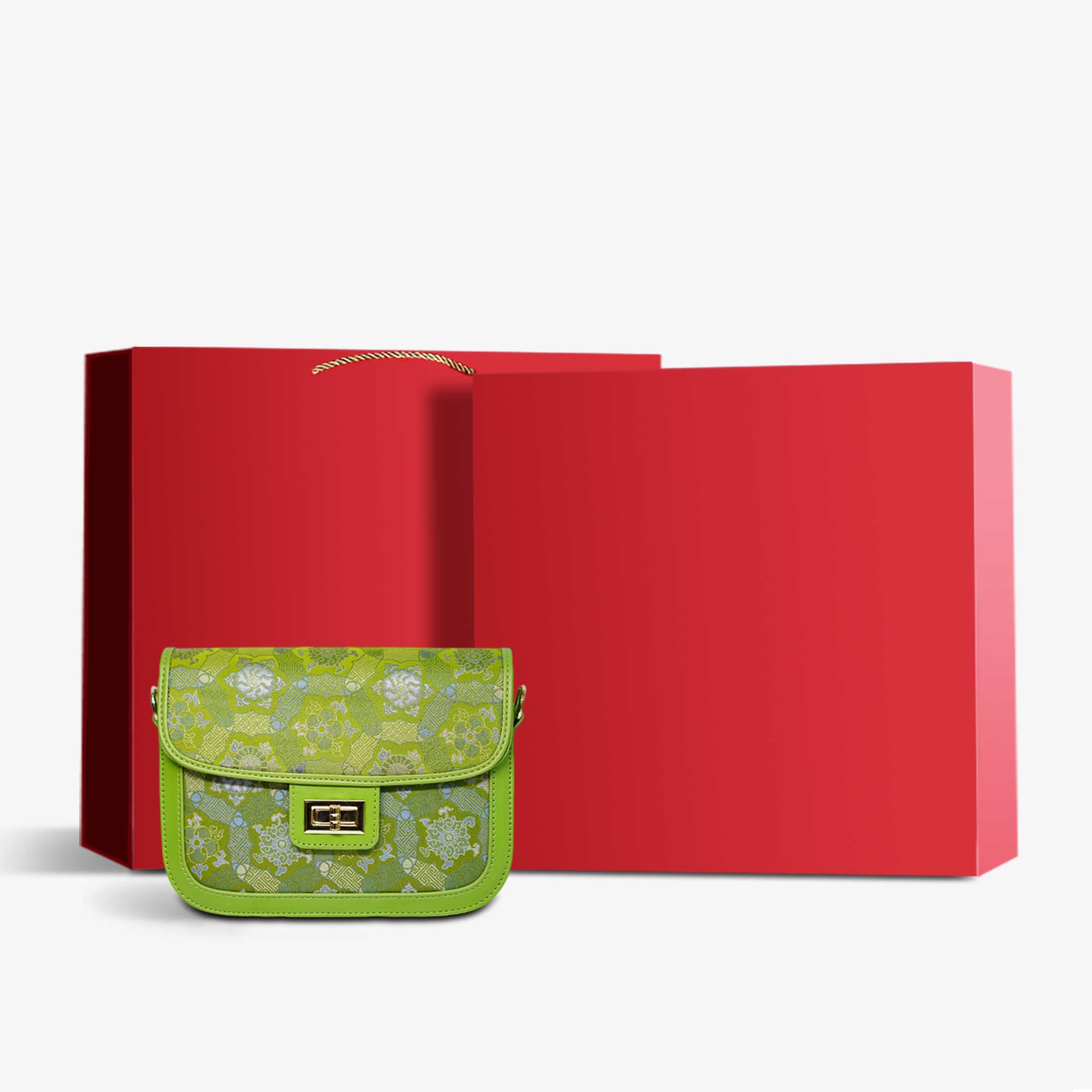Song Brocade Mulberry Silk Shoulder Handbag-Shoulder Bag-SinoCultural-Green-Bag with Gift Box-YJXB026-g-SinoCultural