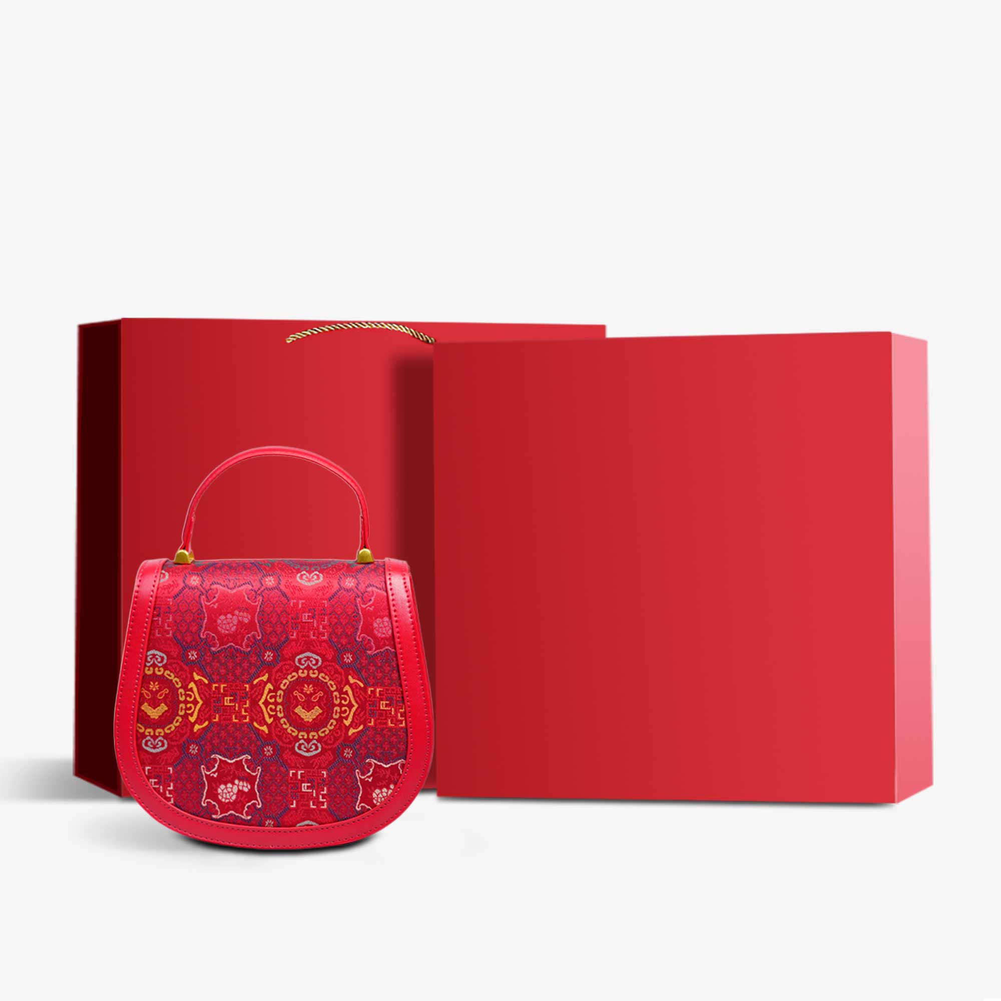 Song Brocade Silk Ruyi Round Clutch Bag-Handbag-SinoCultural-Red-Bag with Gift Box-YJXB029-g-SinoCultural