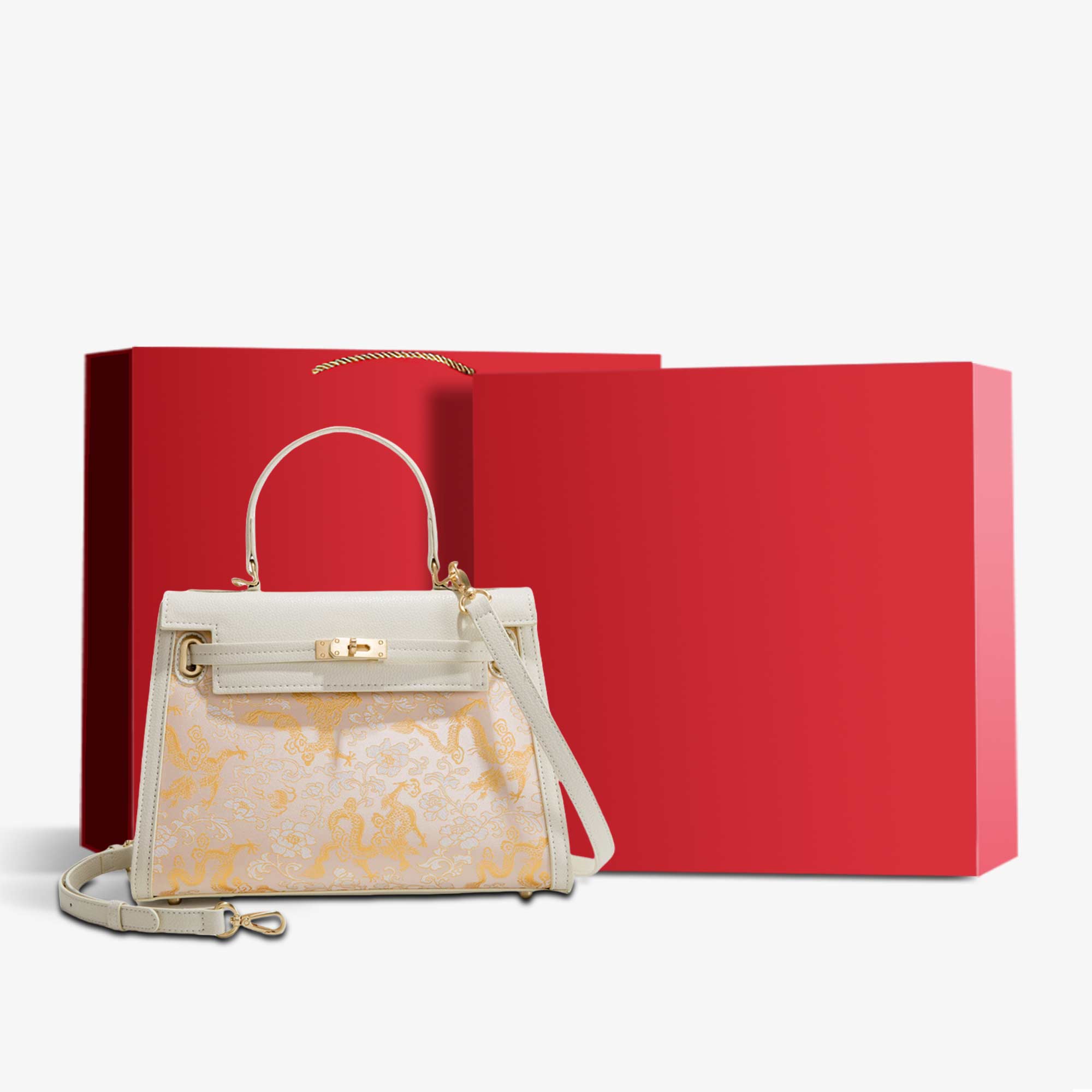 Song Brocade Oriental Dragon Design Kelly Bag-Kelly Bag-SinoCultural-White-Bag with Gift Box-YJXB031B-g-SinoCultural