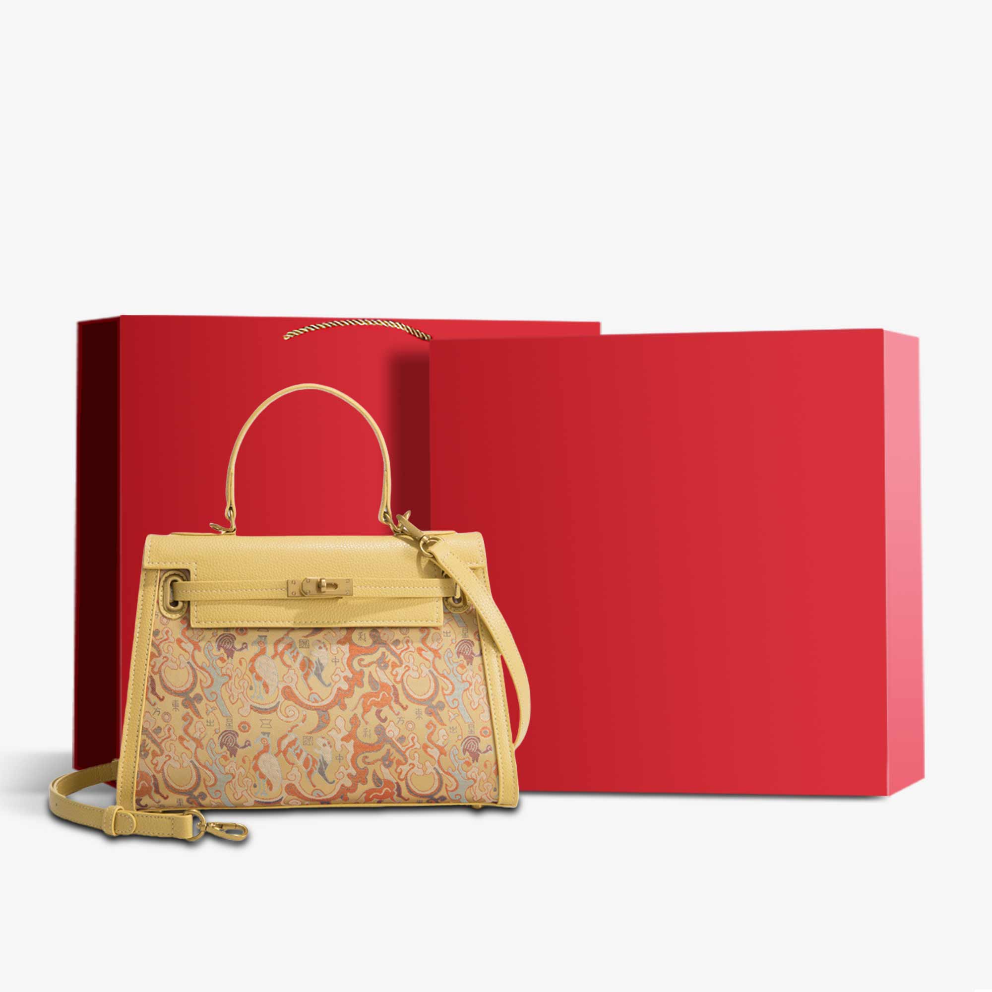 Song Brocade Oriental Dragon Design Kelly Bag-Kelly Bag-SinoCultural-Yellow-Bag with Gift Box-YJXB031Y-g-SinoCultural