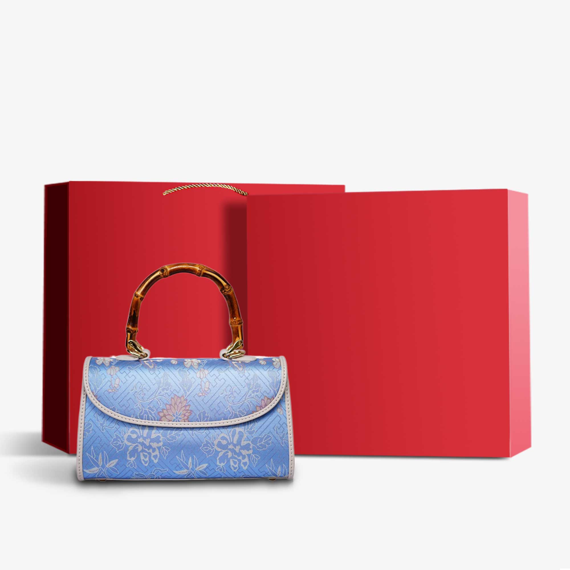 Song Brocade Silk Bamboo Handle Handbag-Crossbody Bag-SinoCultural-Blue-Bag with Gift Box-YJXB033-g-SinoCultural