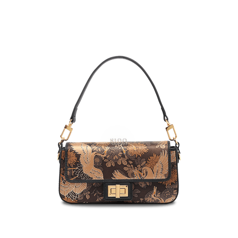 Xiangyunsha Silk Vintage Crane Print Shoulder Bag - SinoCultural -- YS120648 - 