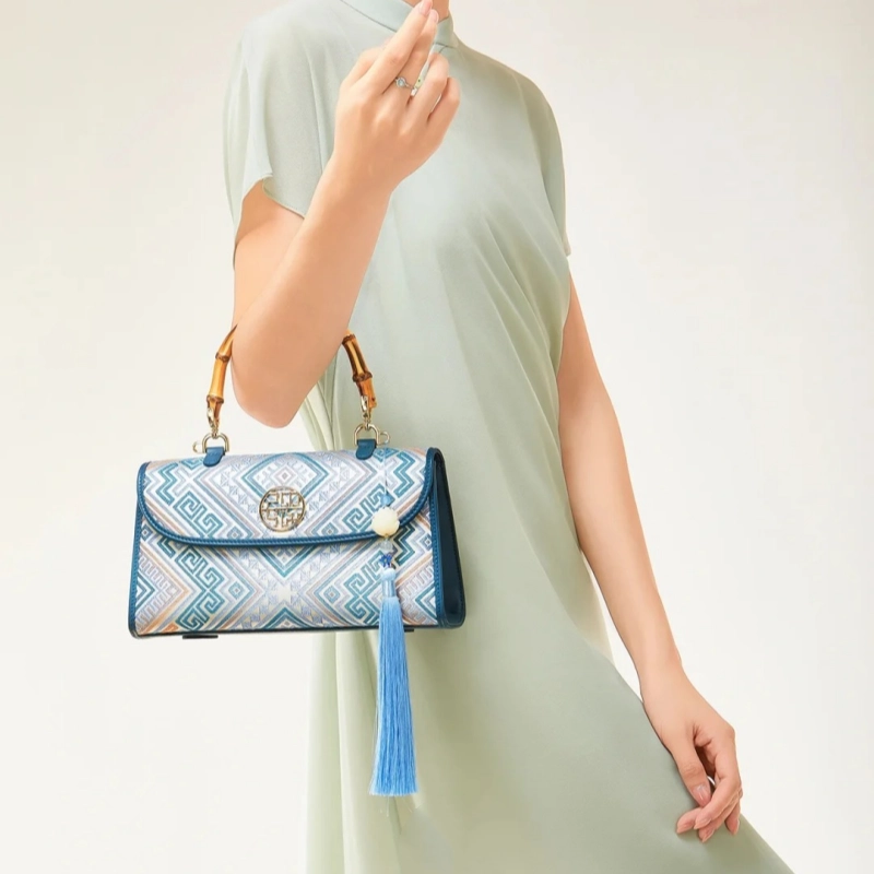 Zhuang Brocade Leather Bamboo Handle Blue Crossbody Bag P170079Z 