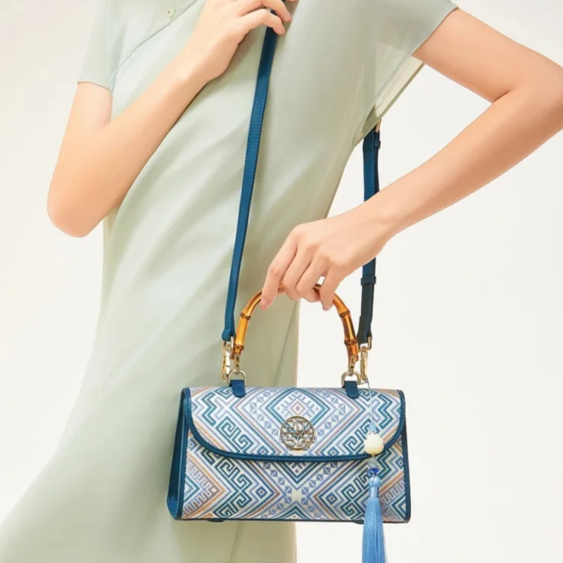 Zhuang Brocade Leather Bamboo Handle Blue Crossbody Bag P170079Z 