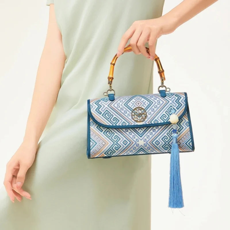 Zhuang Brocade Leather Bamboo Handle Blue Crossbody Bag P170079Z 