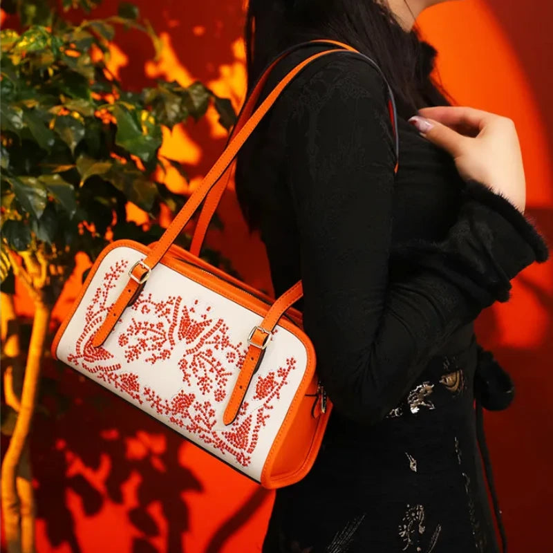 Embroidery Leather Butterfly Square Shoulder Bag-CXXB047R-SinoCultural