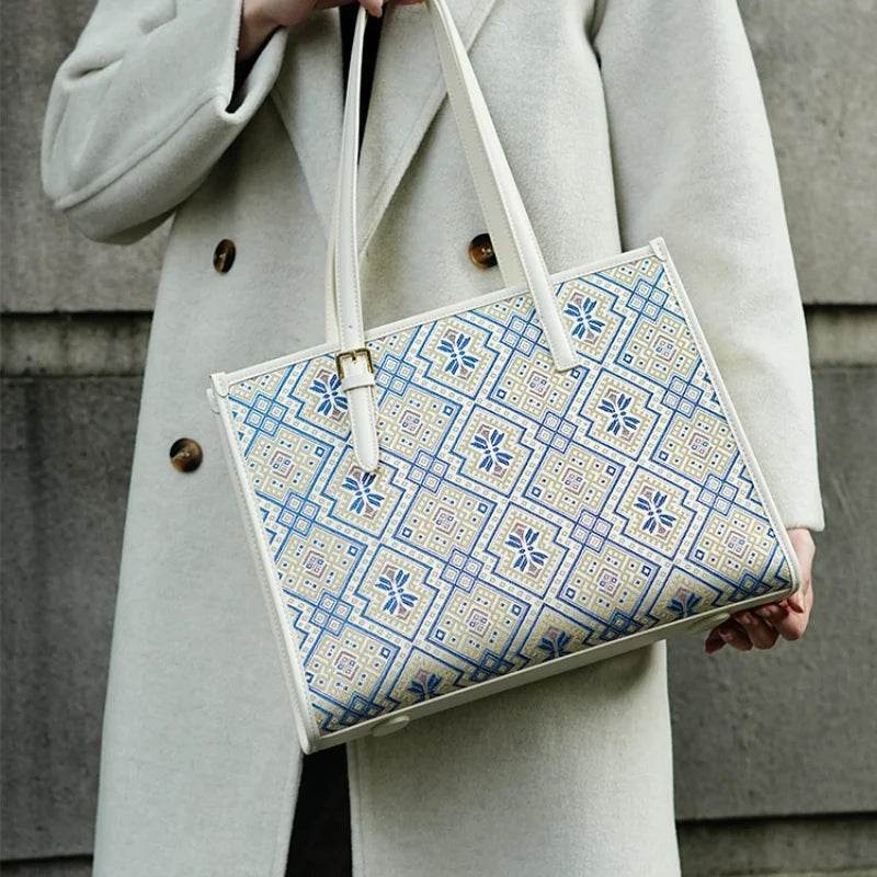 Zhuang Brocade Handicraft Large-Capacity Commuter Tote Bag - SinoCultural