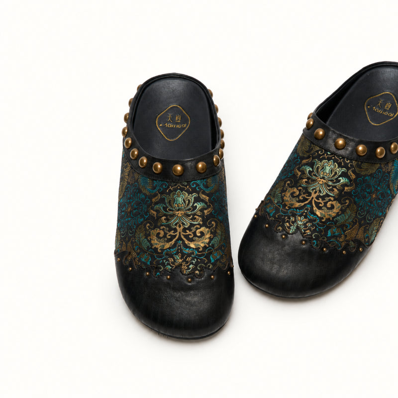 Close-up detail of Ancient Leaf pattern on handcrafted Song Brocade mule shoes.