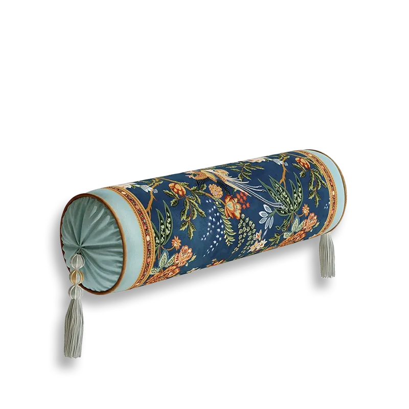Luxury chinoiserie watercolor birds blossoms armrest pillow.