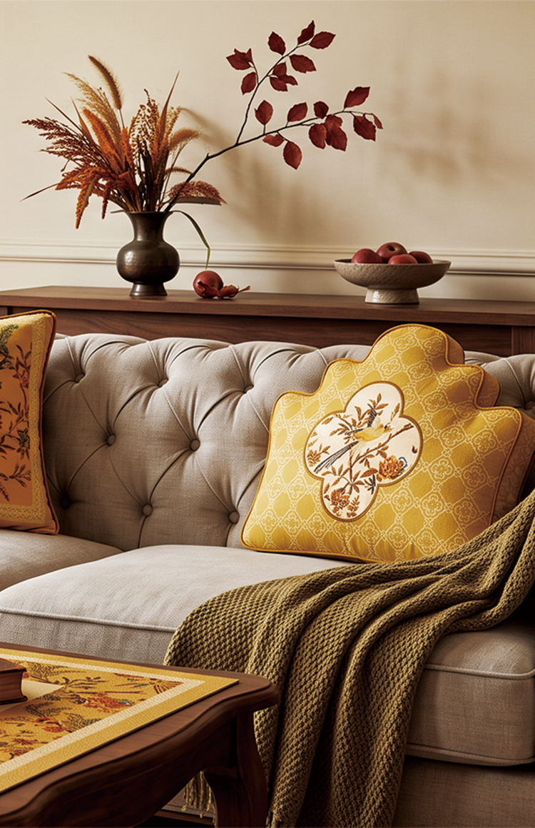 Autumn home decor refresh featuring Sinocultural chinoiserie cushions, a patterned table mat, and an elegant warm living room setting.