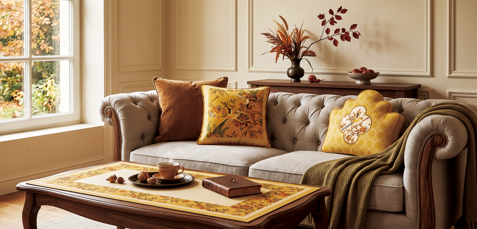 Autumn home decor refresh featuring Sinocultural chinoiserie cushions, a patterned table mat, and an elegant warm living room setting.