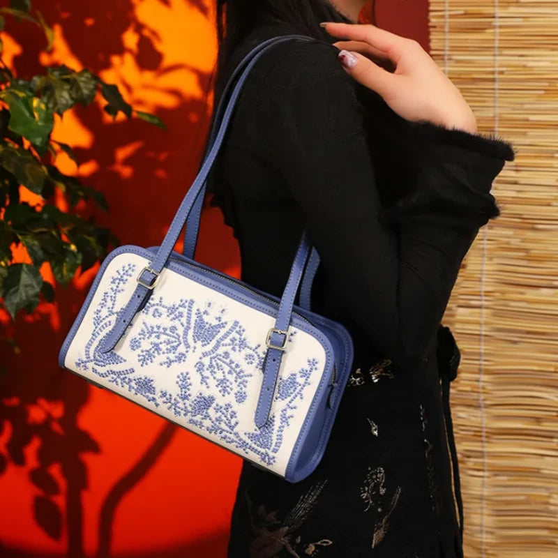 Embroidery Leather Butterfly Square Shoulder Bag-CXXB047R-SinoCultural