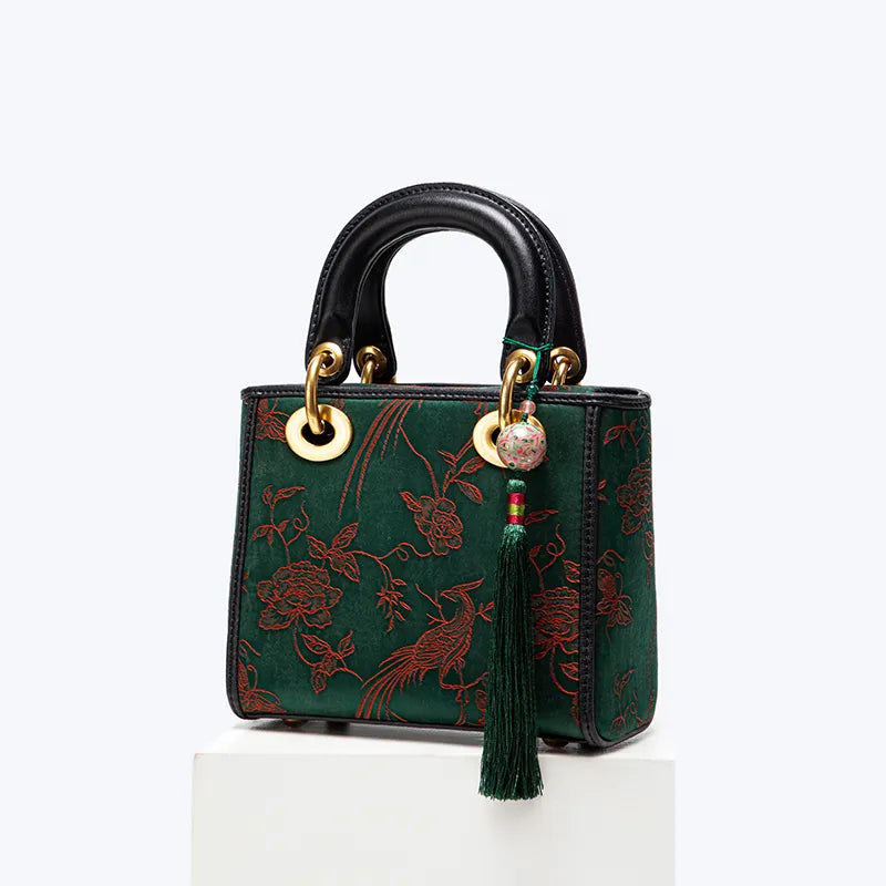 Fragrant Cloud Silk Vintage Cowhide Handbag with Pendant-Handbag-SinoCultural-SinoCultural