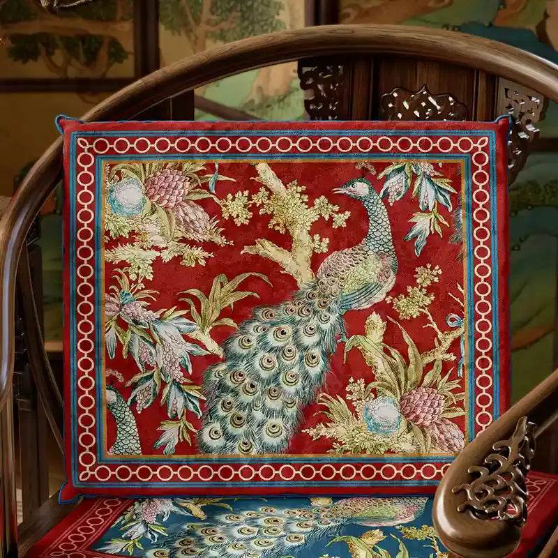Chinoiserie Festive Red Peacock Wood Chair Cushion - SinoCultural -- SC050A38 - 