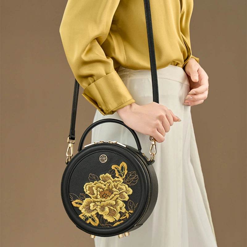 Embroidery Leather Round Handbag High Luxury Royal Gold Peony - SinoCultural