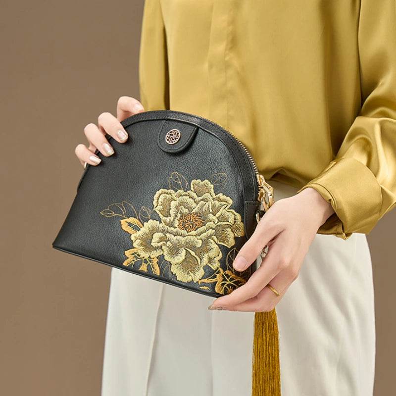 Embroidery Leather Shoulder Bag High Luxury Royal Gold Peony - SinoCultural