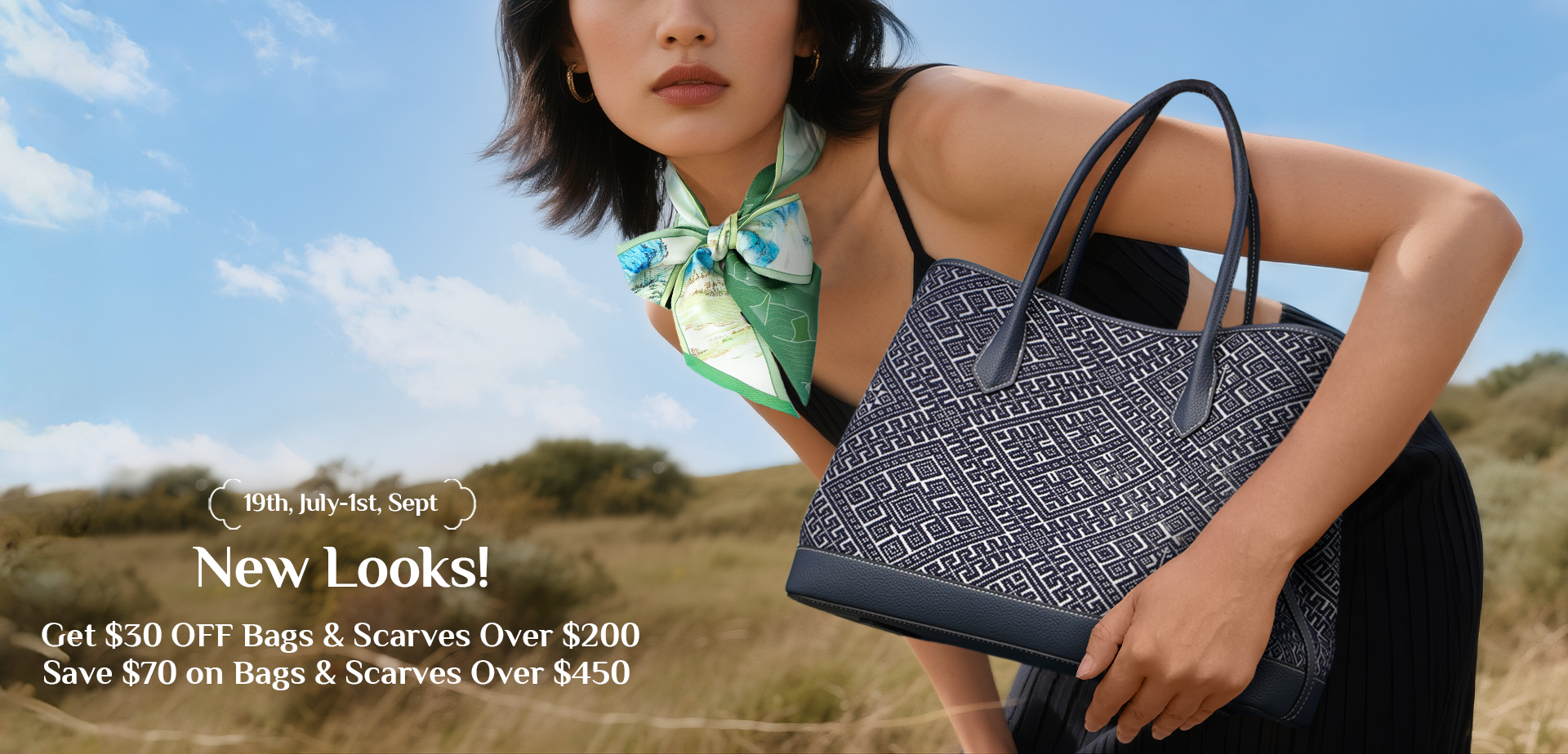 Back to school style banner featuring students with handbag&scarf essentials.
