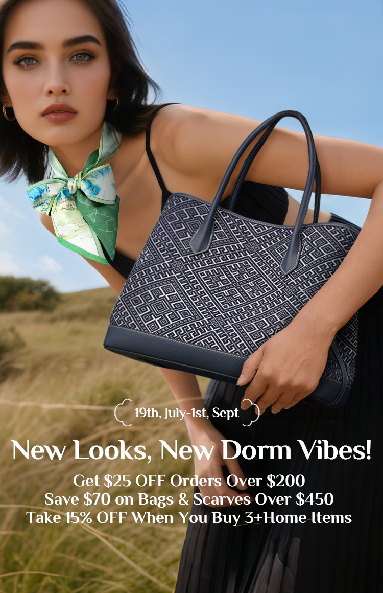 Back to school style banner featuring students with handbag&scarf essentials.