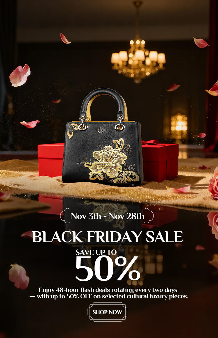 2025 Black Friday Sale banner: Luxury black handbag with golden peony embroidery, red gift box, and up to 50% off on cultural luxury pieces (Nov 3 - Nov 28).