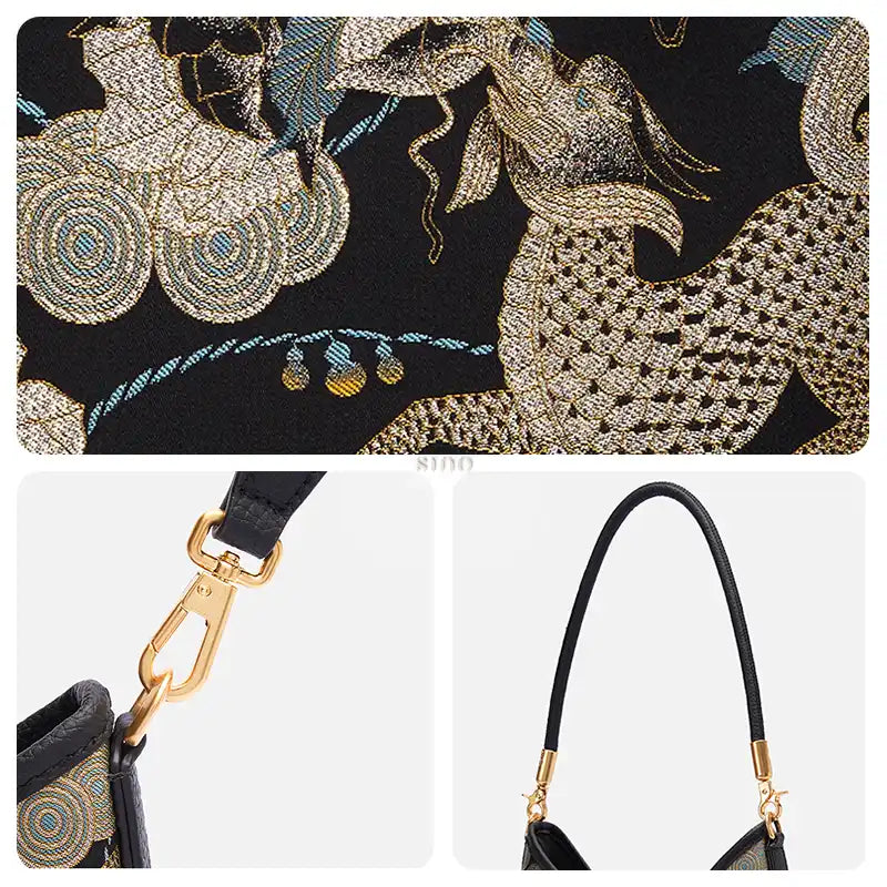 Close-up of the black gold Qilin Peony Song Brocade motif, leather strap, and gold-tone hardware.